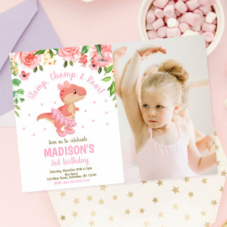 Dinosaur Tutu Ballerina Floral Foto Geburtstag Einladung