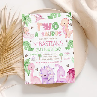Dinosaur Two-A-Saurus Girl 2. Geburtstags-Party Einladung