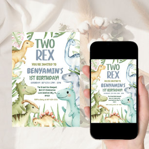 Dinosaur Two rex Boy 2. Geburtstagsparty Invit Einladung