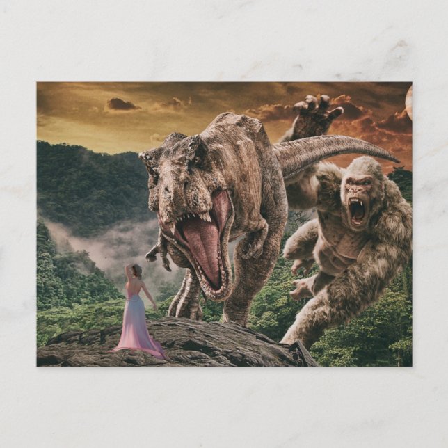 Dinosaur Tyrannosaurus Gorilla Fantasy Scene Postkarte (Vorderseite)