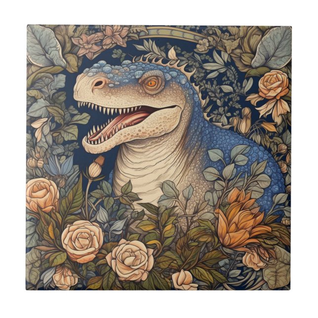 Dinosaur und Blumen im Jugendstil Fliese (Vorderseite)
