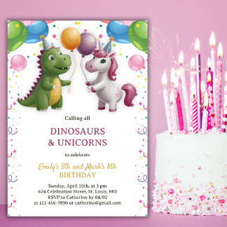 Dinosaur Unicorn Boy Girl Joint Sibling Geburtstag Einladung