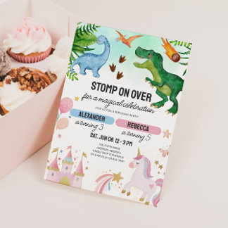 Dinosaur & Unicorn Joint Kids Birthday Einladung