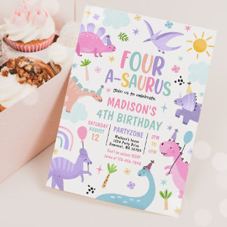 Dinosaur Vier-A-Saurus 4. Geburtstags-Party Einladung