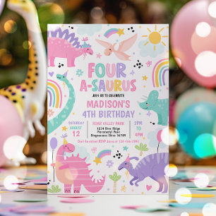 Dinosaur Vier-A-Saurus 4. Geburtstags-Party Einladung