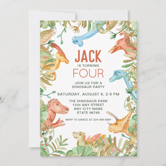 Dinosaur Vierte Geburtstagsparty Einladung (Vorderseite)