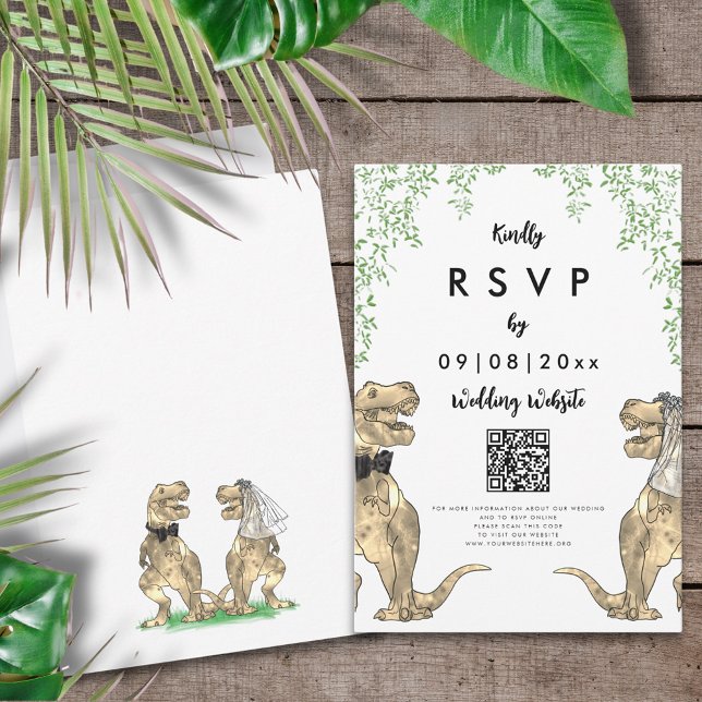 Dinosaur Wedding Antwort Website QR Code (T-Rex bride and groom dinosaur wedding invitation online RSVP website qr code enclosure card)