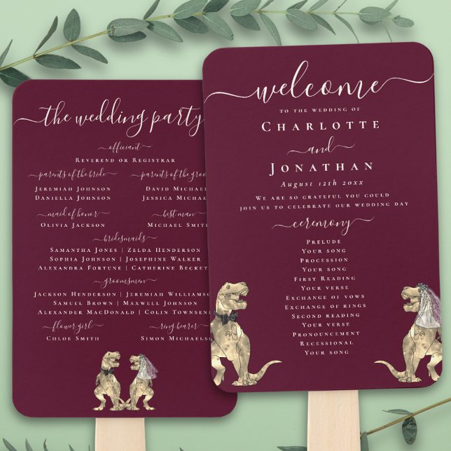 Dinosaur Wedding Ceremony Burgundy Wine Cream Fächer (T-Rex bride and groom dinosaur burgundy wine cream wedding ceremony program fans Elegant script)