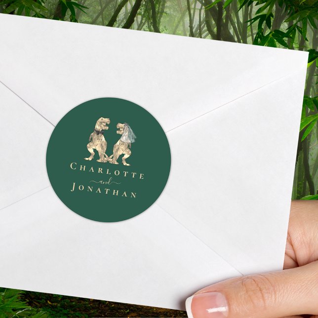 Dinosaur Wedding Custom Runder Aufkleber (T-Rex dinosaur wedding dark green custom sticker Dino bride and groom elegant modern typography )