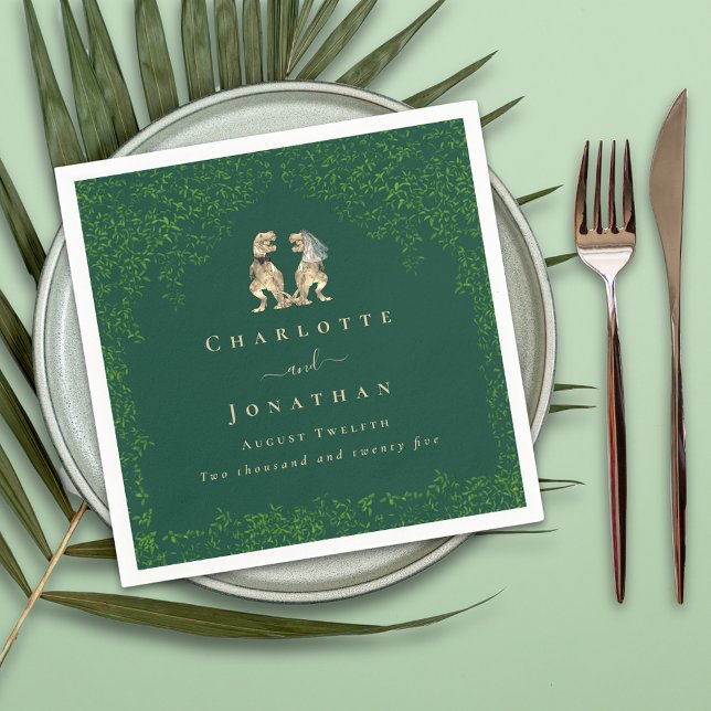 Dinosaur Wedding Dark Green Serviette (dinosaur bride and groom wedding Jurassic eucalyptus foliage custom napkins)