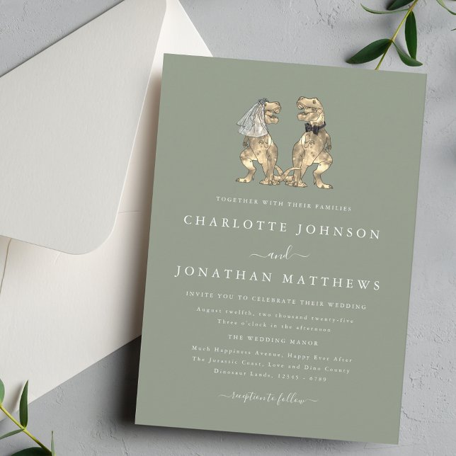 Dinosaur Wedding Elegant Sage Green Einladung (Simple Dinosaur T-Rex Bride and groom elegant simple sage greenery invitation wedding invitation )