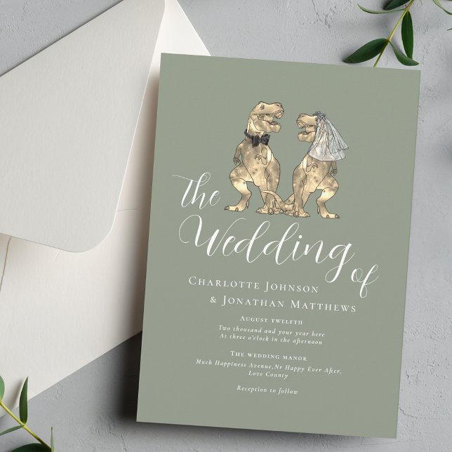 Dinosaur Wedding Elegant Sage Green Einladung (Dinosaur theme sage green wedding  invitation T-Rex dino bride and groom elegant script )