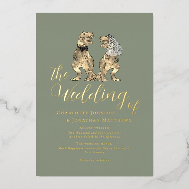 Dinosaur Wedding Elegant Sage Green Gold Folieneinladung (Vorderseite)