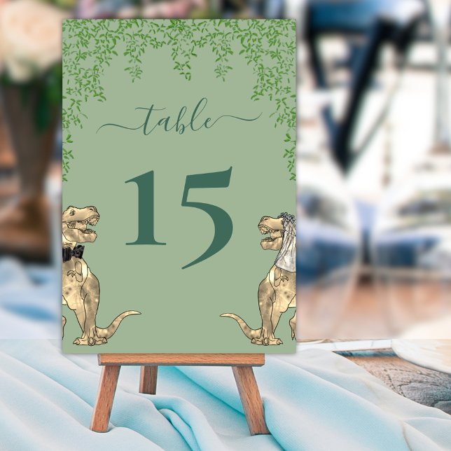 Dinosaur Wedding Foliage Sage Green Tischnummer (Dinosaur wedding sage green and dark green custom table number card T-Rex dino bride & groom script)