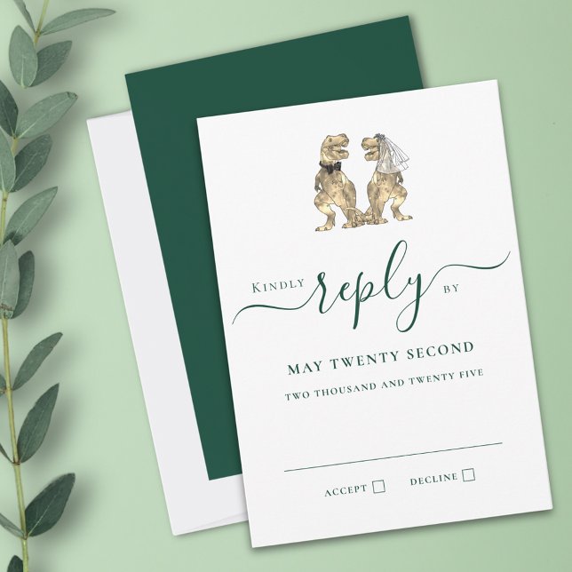 Dinosaur Wedding Green Reply RSVP Karte (Dinosaur wedding invitation RSVP card dark green script T-Rex dino bride & groom)