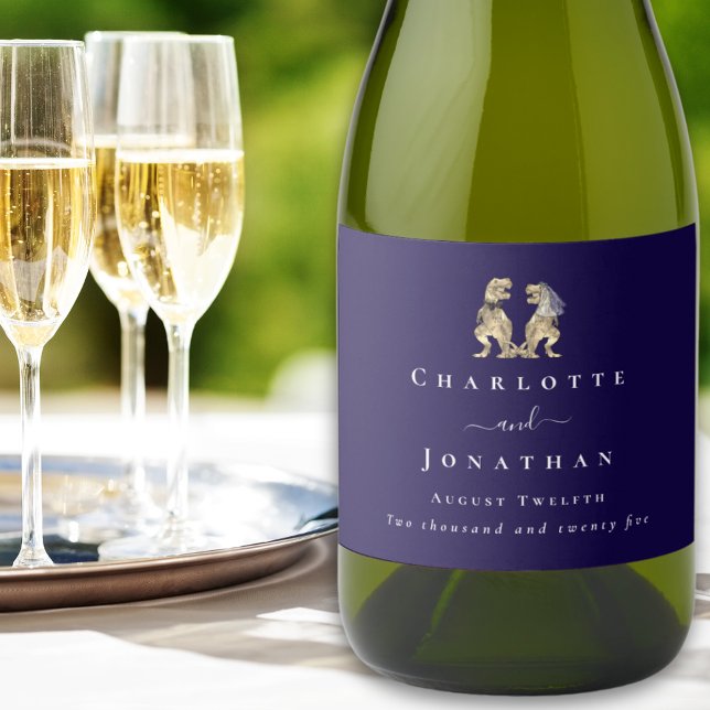 Dinosaur Wedding Navy Blue & White Custom (Dinosaur themed wedding T-Rex bride and groom navy blue & white personalized wine labels minimalist)