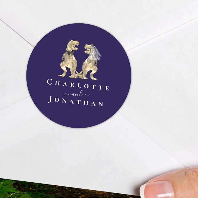 Dinosaur Wedding Navy Blue & White Personalisiert Runder Aufkleber (Dinosaur theme wedding navy blue and white personalized sticker T-Rex dino bride and groom names)