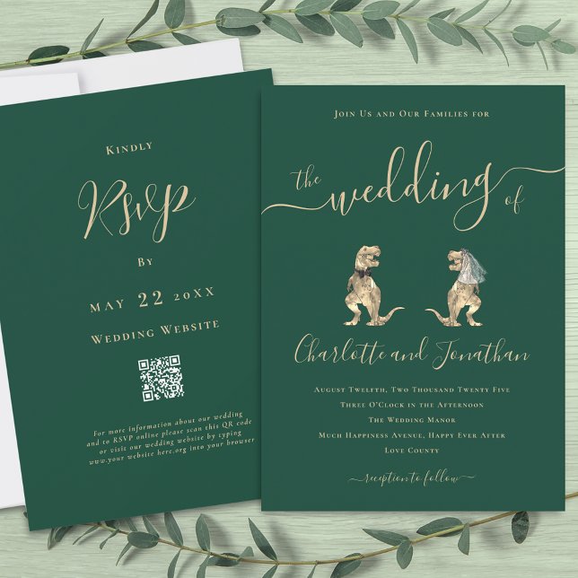 Dinosaur Wedding QR Code Einladung (T-Rex bride and groom funny dinosaur wedding dark green qr code invitation Elegant script)