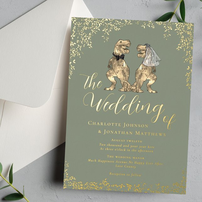 Dinosaur Wedding Sage Green and Gold Folieneinladung (Elegant Dinosaur theme wedding sage green & gold foil eucalyptus foliage invitation T-Rex couple)