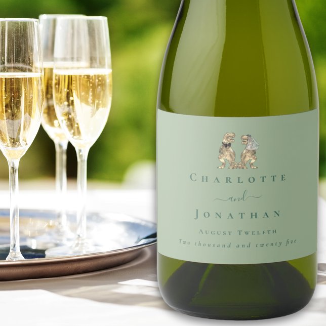 Dinosaur Wedding Sage Green Personalisiert (Dinosaur themed wedding T-Rex bride and groom sage green personalized wine labels modern elegant)