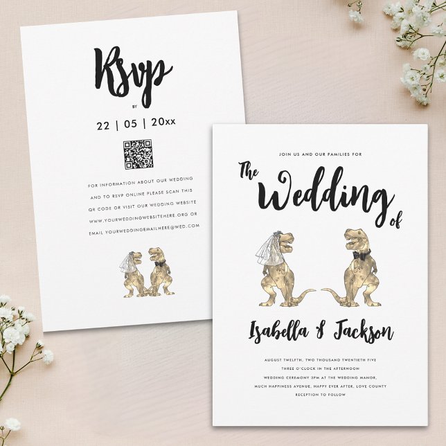 Dinosaur Wedding T-Rex Bride und Groom Einladung (Fun Dinosaur bride and groom modern stylish wedding invitation with QR code)