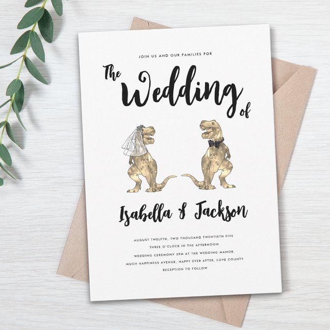 Dinosaur Wedding T-Rex Bride und Groom Einladung (Dinosaur wedding t-Rex bride and groom modern stylish invitation with whimsical script)