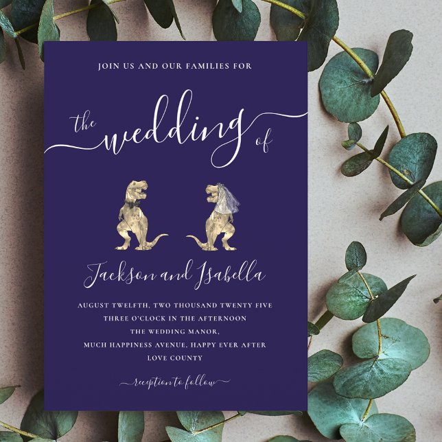 Dinosaur Wedding T-Rex Bride und Groom Einladung (Dinosaur wedding t-Rex bride and groom navy blue and elegant white script wedding invitation )
