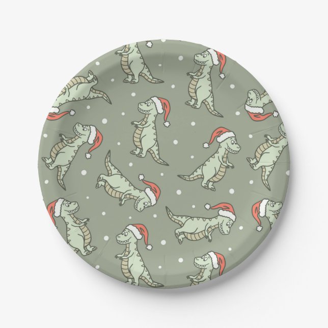 Dinosaur-Weihnachtsjunge Weihnachtsmann Dino T-Rex Pappteller (Vorderseite)