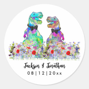 Dinosaur Wilde-Blumen Schwule Hochzeit Runder Aufkleber