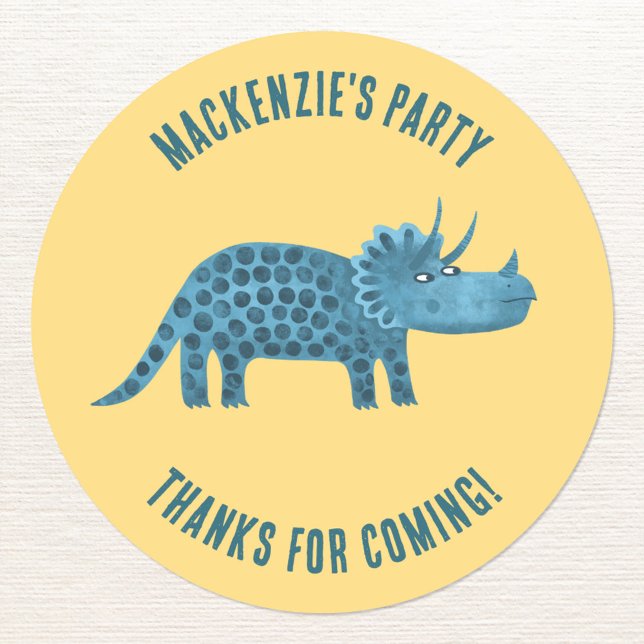 Dinosaur Yellow Party Vielen Dank Runder Aufkleber (Triceratops dinosaur kids party thanks for coming personalized sticker)