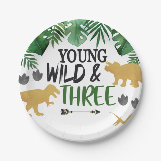 Dinosaur Young Wild Three Birthday Party Teller (Vorderseite)