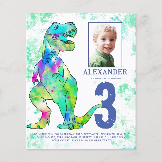Dinosaur zum Thema Geburtstagsparty Foto Budget Flyer (Vorne)