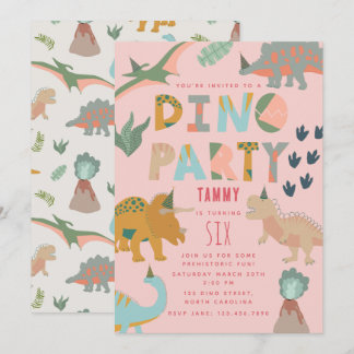 Dinosauren Boho Dino-Party Tiere Geburtstag Rosa Einladung