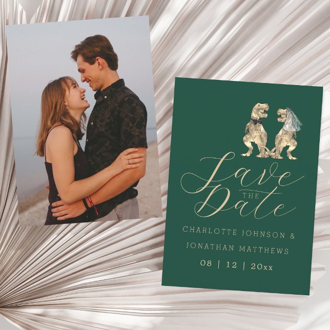 Dinosaurien-Foto-Hochzeit Save The Date (Elegant minimalist dinosaur wedding save the date portrait photo green invitation)
