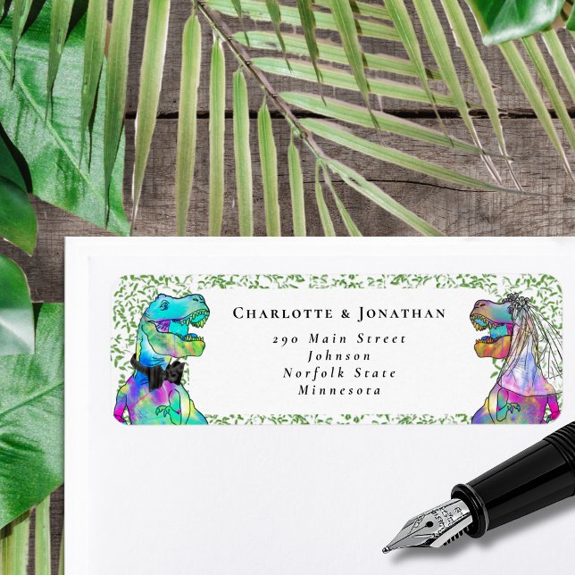 Dinosaurien Hochzeit Individuelle Rücksendeadresse (T-Rex bride and groom dinosaur wedding invitation return address label sticker watercolor)