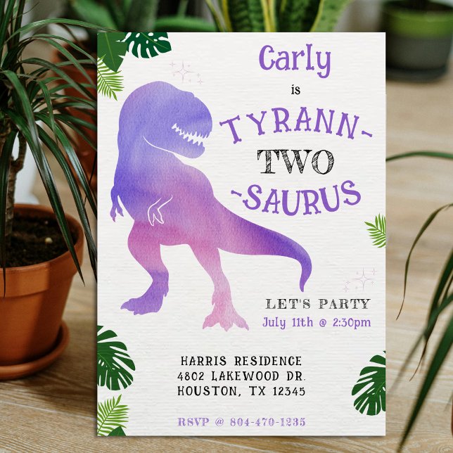 Dinosaurier 2. Geburtstag Lila Tyrannosaurus Rex Einladung (Dinosaur 2nd Birthday Party Purple and Pink Tyrannosaurus Rex Invitation
)