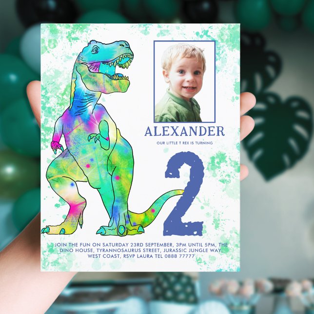 Dinosaurier 2. Geburtstag Party Foto Budget (Dinosaur colorful watercolor 2nd birthday party invitation with photo template)