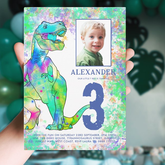 Dinosaurier 3. Geburtstag Party Foto Blue Einladung (Colorful dinosaur 3rd birthday party invitation with photo template unique T-Rex Dino watercolor )