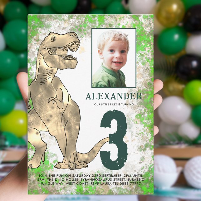 Dinosaurier 3. Geburtstag Party Foto Einladung (Dinosaur T-Rex photo template 3rd birthday party invitation green and brown watercolor )