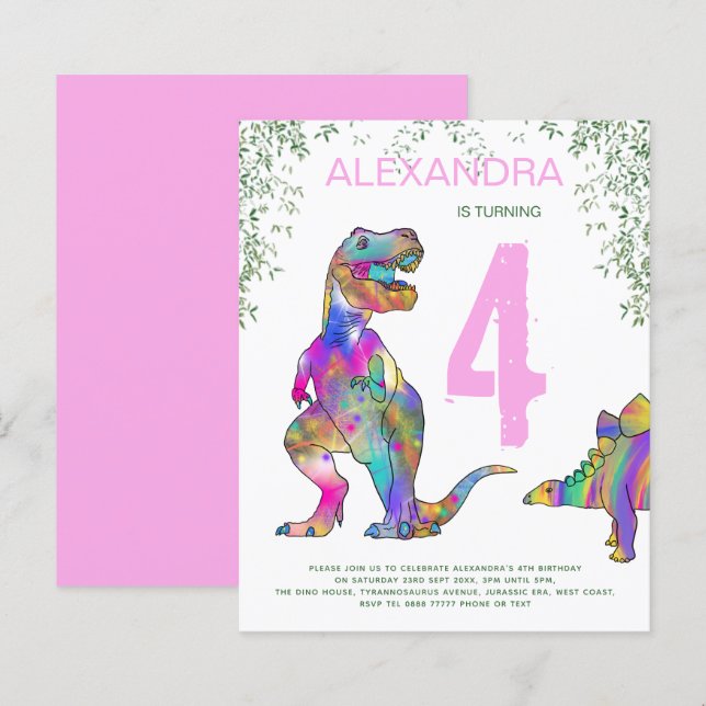 Dinosaurier 4. Geburtstag Party Haushalt pink (Vorne/Hinten)
