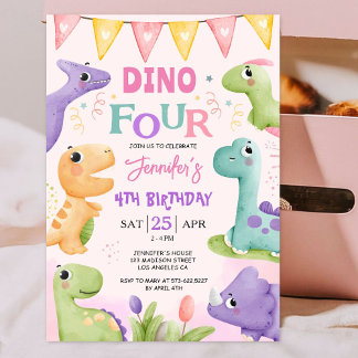 Dinosaurier 4. Geburtstag Pink Niedlich Dino-Vier- Einladung