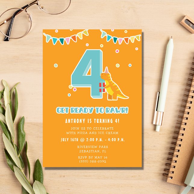 Dinosaurier 4. Geburtstagsparty Einladung (Von Creator hochgeladen)