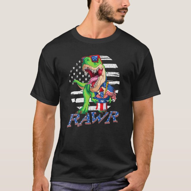 Dinosaurier 4. Juli Jungs Rex American Flag USA T-Shirt (Vorderseite)