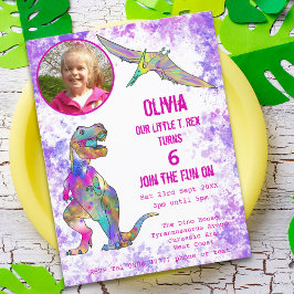 Dinosaurier 5. Geburtstag T Rex Girl Foto Lila Pin Einladungspostkarte