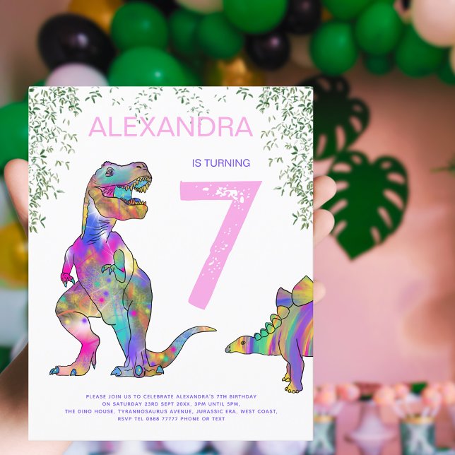 Dinosaurier 7. Geburtstagsparty Pink Budget (Girls Dinosaur 7th birthday party budget invitation colorful watercolor T-Rex & stegosaurus  dino)