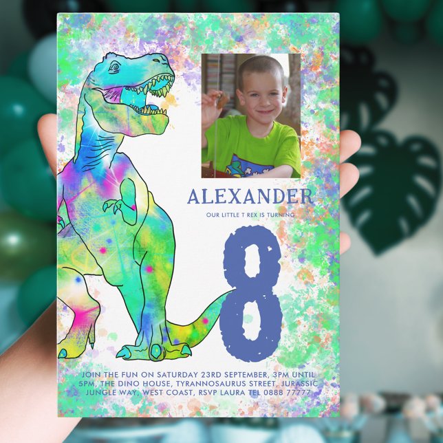 Dinosaurier 8. Geburtstagsparty Foto Blue Einladung (T-Rex dinosaur 8th birthday party invitation with photo template colorful watercolor Jurassic dino)