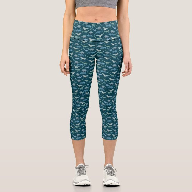 Dinosaurier Aquamarines grünes Muster Capri Leggings (Vorderseite)