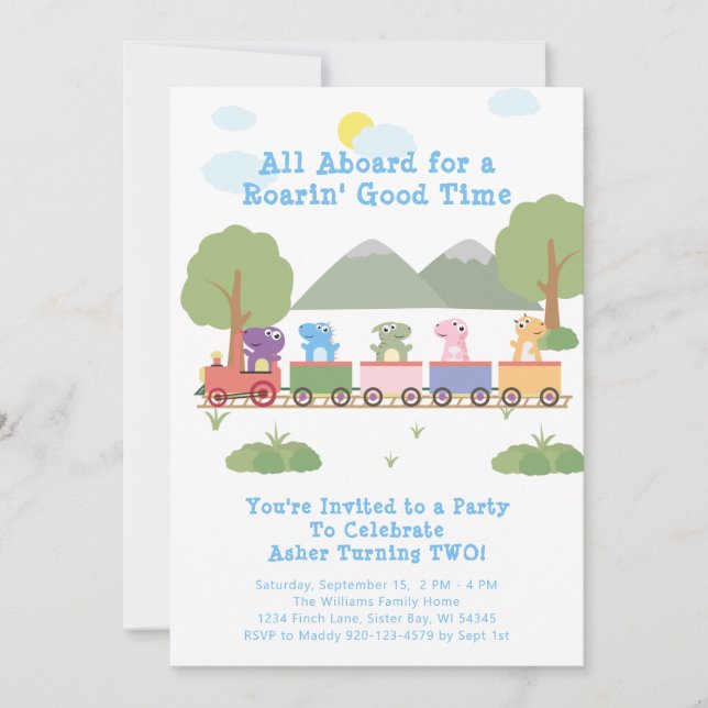 Dinosaurier auf einem Zug bis zum Geburtstag Einladung (Vorderseite)