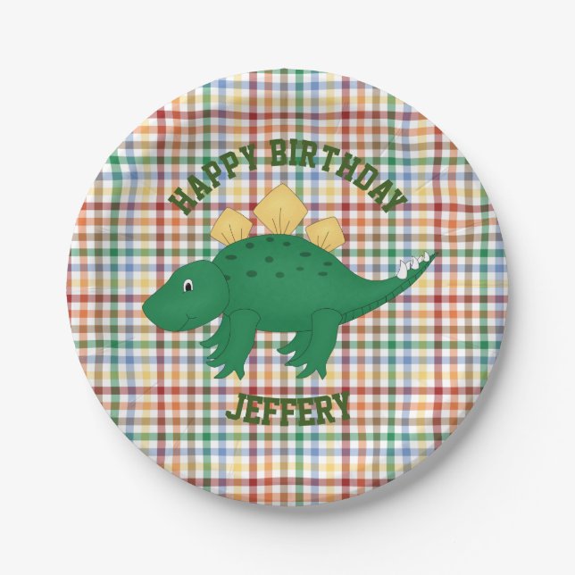 Dinosaurier auf Kariertem Kindergeburtstag Party Pappteller (Vorderseite)
