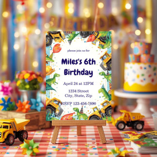 Dinosaurier-Baustellen-LKW-Geburtstagseinladung Einladung